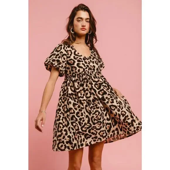 BiBi Leopard Print Woven Puff Sleeves Dress with Patch - Picture 8 of 14